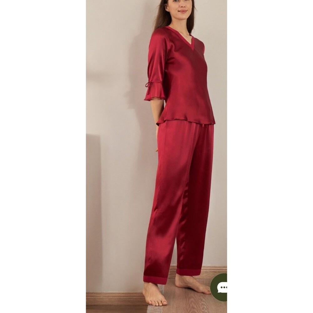 LILYSILK Claret Maroon Mulberry Silk Laced Ruffle Pajama Set 2PC XXL Flaws